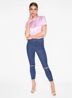 HeyYou Blouses Lavender High Neck Satin Short Sleeve Top