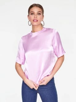HeyYou Blouses Lavender High Neck Satin Short Sleeve Top