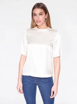 HeyYou Blouses Natural High Neck Satin Short Sleeve Top