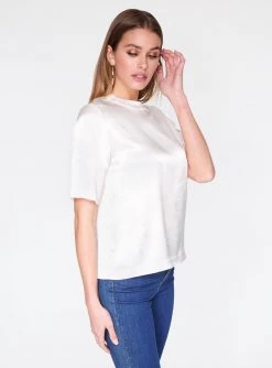 HeyYou Blouses Natural High Neck Satin Short Sleeve Top