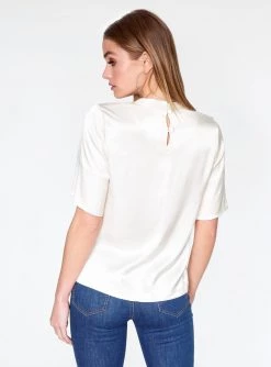 HeyYou Blouses Natural High Neck Satin Short Sleeve Top