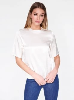 HeyYou Blouses Natural High Neck Satin Short Sleeve Top