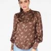HeyYou Blouses Mandarin Collar Button Up Top In Brown Floral