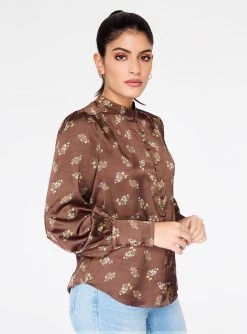 HeyYou Blouses Mandarin Collar Button Up Top In Brown Floral
