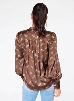 HeyYou Blouses Mandarin Collar Button Up Top In Brown Floral