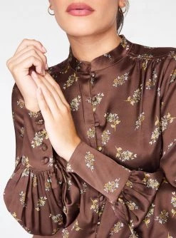 HeyYou Blouses Mandarin Collar Button Up Top In Brown Floral
