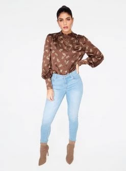 HeyYou Blouses Mandarin Collar Button Up Top In Brown Floral