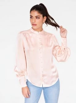 HeyYou Mandarin Collar Button Up Top In Ivory Blouses