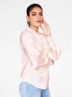 HeyYou Mandarin Collar Button Up Top In Ivory Blouses