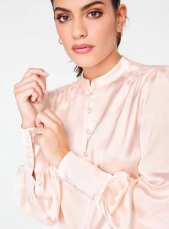 HeyYou Mandarin Collar Button Up Top In Ivory Blouses