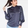 HeyYou Blouses Mandarin Collar Button Up Top In Midnight