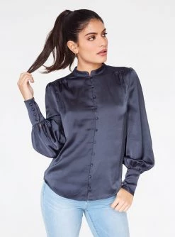 HeyYou Blouses Mandarin Collar Button Up Top In Midnight