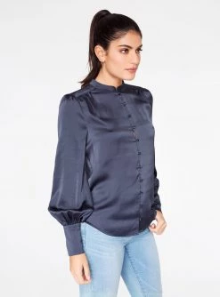 HeyYou Blouses Mandarin Collar Button Up Top In Midnight
