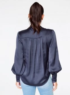 HeyYou Blouses Mandarin Collar Button Up Top In Midnight