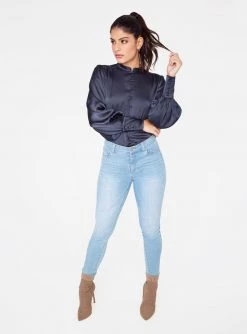 HeyYou Blouses Mandarin Collar Button Up Top In Midnight