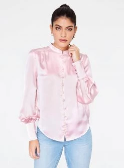 HeyYou Blouses Mandarin Collar Button Up Top In Orchid Pink
