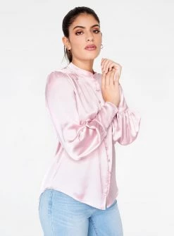 HeyYou Blouses Mandarin Collar Button Up Top In Orchid Pink