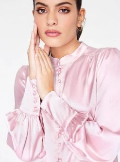 HeyYou Blouses Mandarin Collar Button Up Top In Orchid Pink