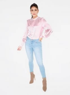 HeyYou Blouses Mandarin Collar Button Up Top In Orchid Pink
