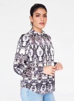 HeyYou Mandarin Collar Button Up Top In Snake Print