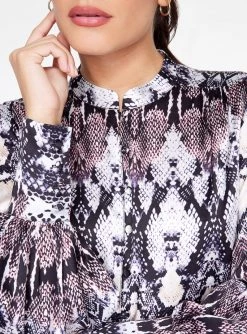 HeyYou Mandarin Collar Button Up Top In Snake Print