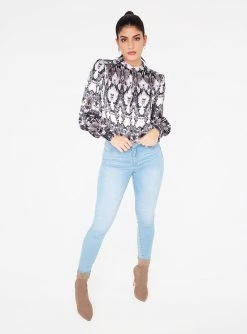 HeyYou Mandarin Collar Button Up Top In Snake Print