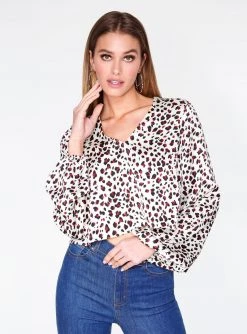 HeyYou Blouses Ivory Leopard Print Long Sleeve Cropped Blouse