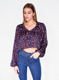 HeyYou Blouses Navy Leopard Print Long Sleeve Cropped Blouse