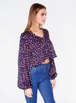 HeyYou Blouses Navy Leopard Print Long Sleeve Cropped Blouse