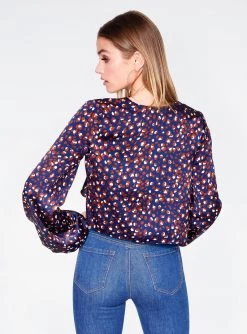 HeyYou Blouses Navy Leopard Print Long Sleeve Cropped Blouse