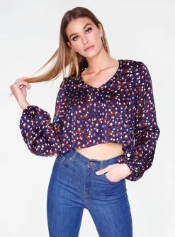 HeyYou Blouses Navy Leopard Print Long Sleeve Cropped Blouse