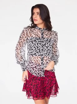 HeyYou Mandarin Collar Button Up Top In Jasmine Floral Blouses