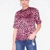 HeyYou Blouses Pink Cheetah Print High Neck Satin Short Sleeve Top