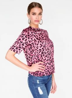 HeyYou Blouses Pink Cheetah Print High Neck Satin Short Sleeve Top