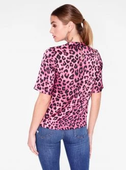 HeyYou Blouses Pink Cheetah Print High Neck Satin Short Sleeve Top