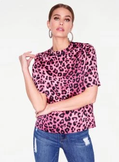 HeyYou Blouses Pink Cheetah Print High Neck Satin Short Sleeve Top