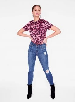 HeyYou Blouses Pink Cheetah Print High Neck Satin Short Sleeve Top