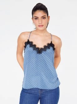 HeyYou Camis Blue And Creme Polka Dot Lace Cami Top