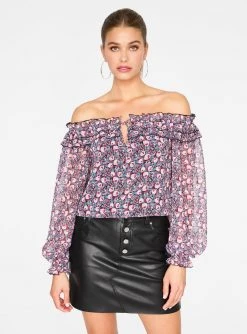 HeyYou Blouses Pink Floral Off The Shoulder Cropped Blouse