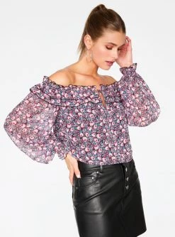 HeyYou Blouses Pink Floral Off The Shoulder Cropped Blouse