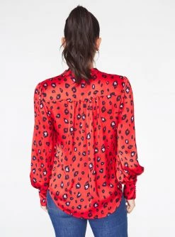 HeyYou Blouses Mandarin Collar Button Up Top In Red Cheetah