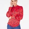 HeyYou Blouses Mandarin Collar Button Up Top In Red Cheetah
