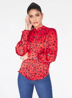 HeyYou Blouses Mandarin Collar Button Up Top In Red Cheetah