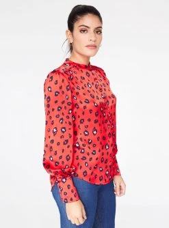 HeyYou Blouses Mandarin Collar Button Up Top In Red Cheetah