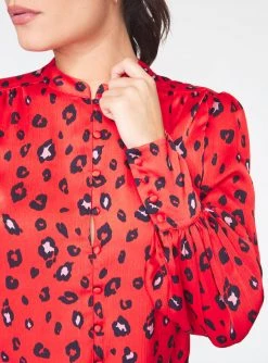 HeyYou Blouses Mandarin Collar Button Up Top In Red Cheetah