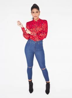 HeyYou Blouses Mandarin Collar Button Up Top In Red Cheetah